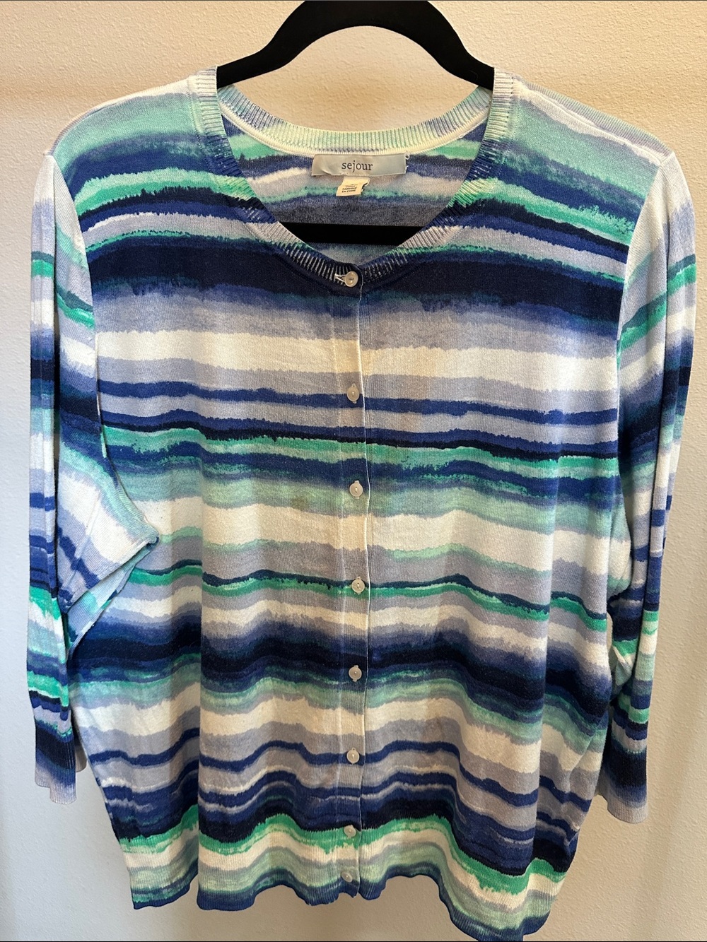 Sejour Striped Blue, Navy & Green Lightweight Button Cardigan